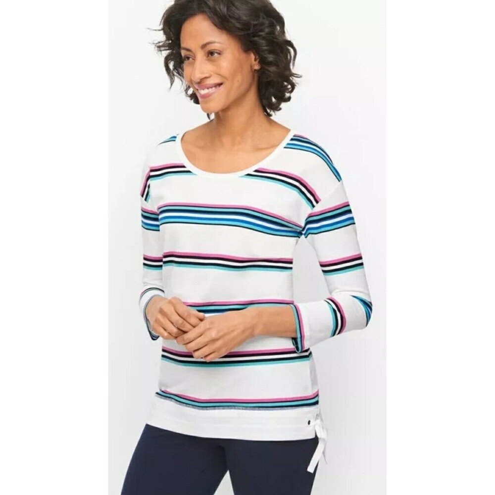 Ladies T by Talbots Aqua Blue Pink Black Striped 3/4 Sleeve Side Tie Top Size XS